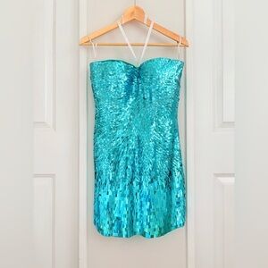 Sherri Hill Turquoise Sequin Strapless Mini Dress